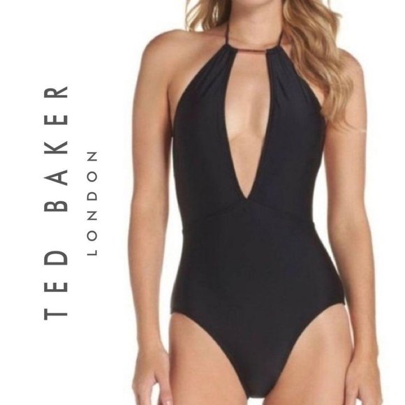 NWT Ted Baker Pikaa Halter 1-Piece Swimsuit Black, Size 6 - Picture 1 of 5